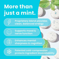 Neuro Energy & Focus Mints bottle and packaging highlight vegan formula and steady alertness.