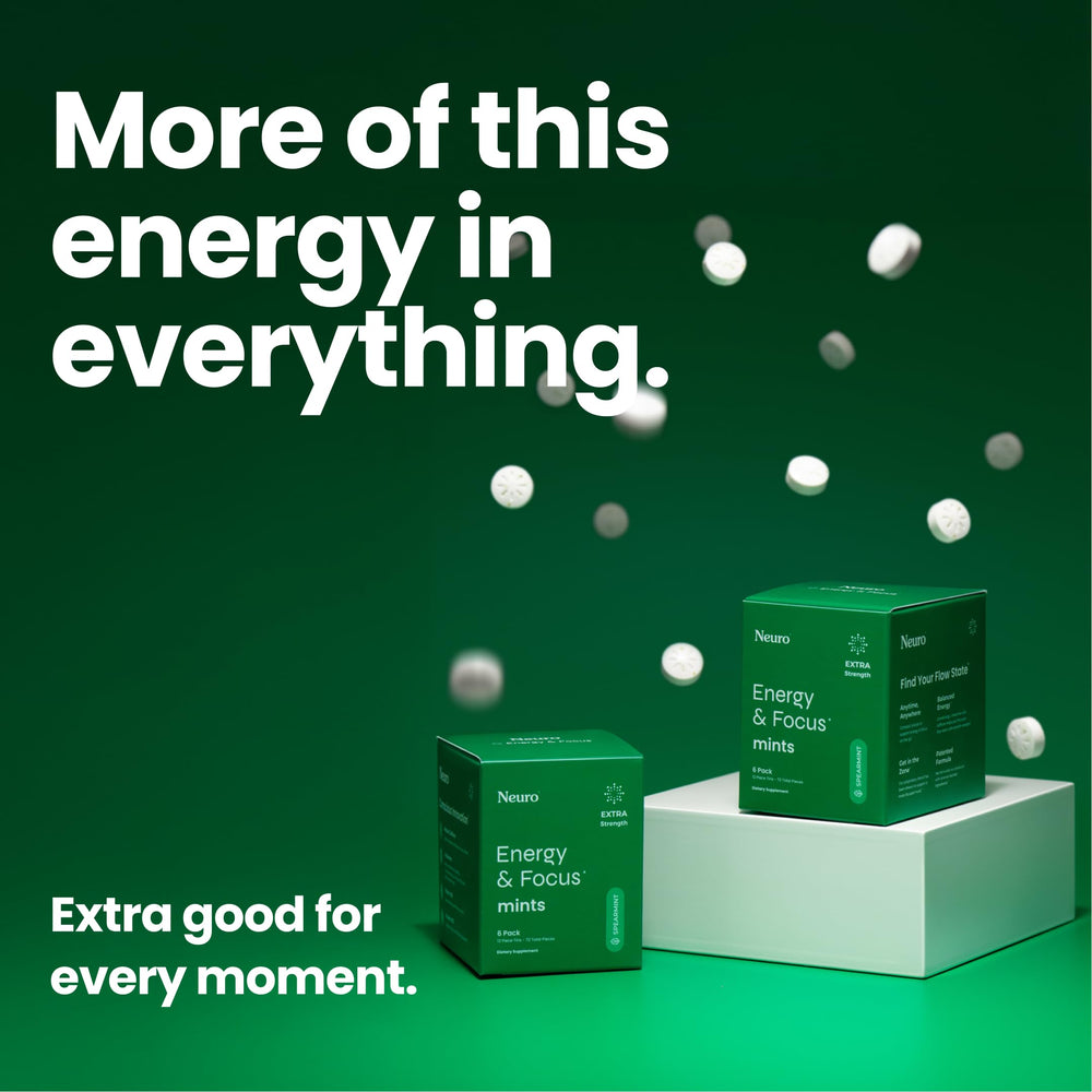 Neuro Energy & Focus Mints box open, ready for study or workout breaks