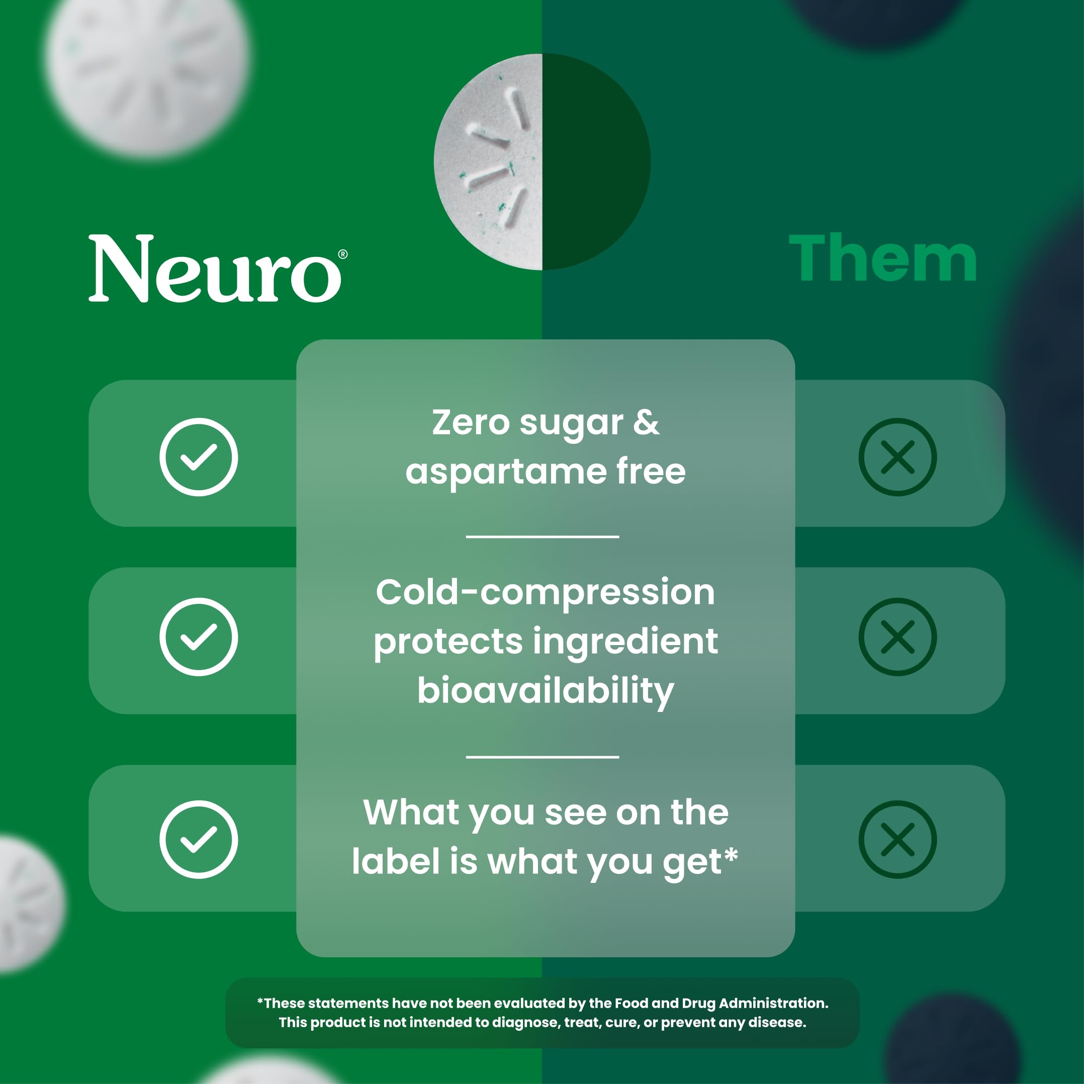 Close-up of Neuro mints label showing 100 mg caffeine per mint.