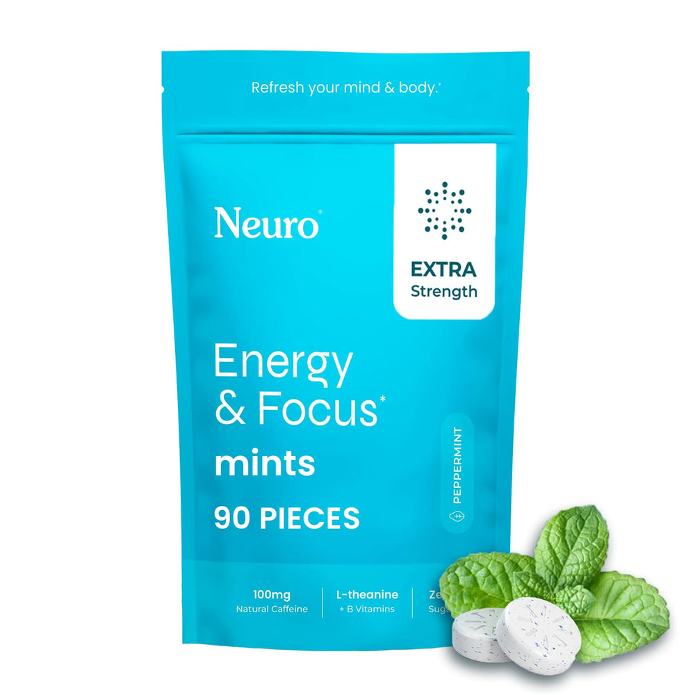 Neuro Energy & Focus Mints pack front, crisp mint for quick focus.