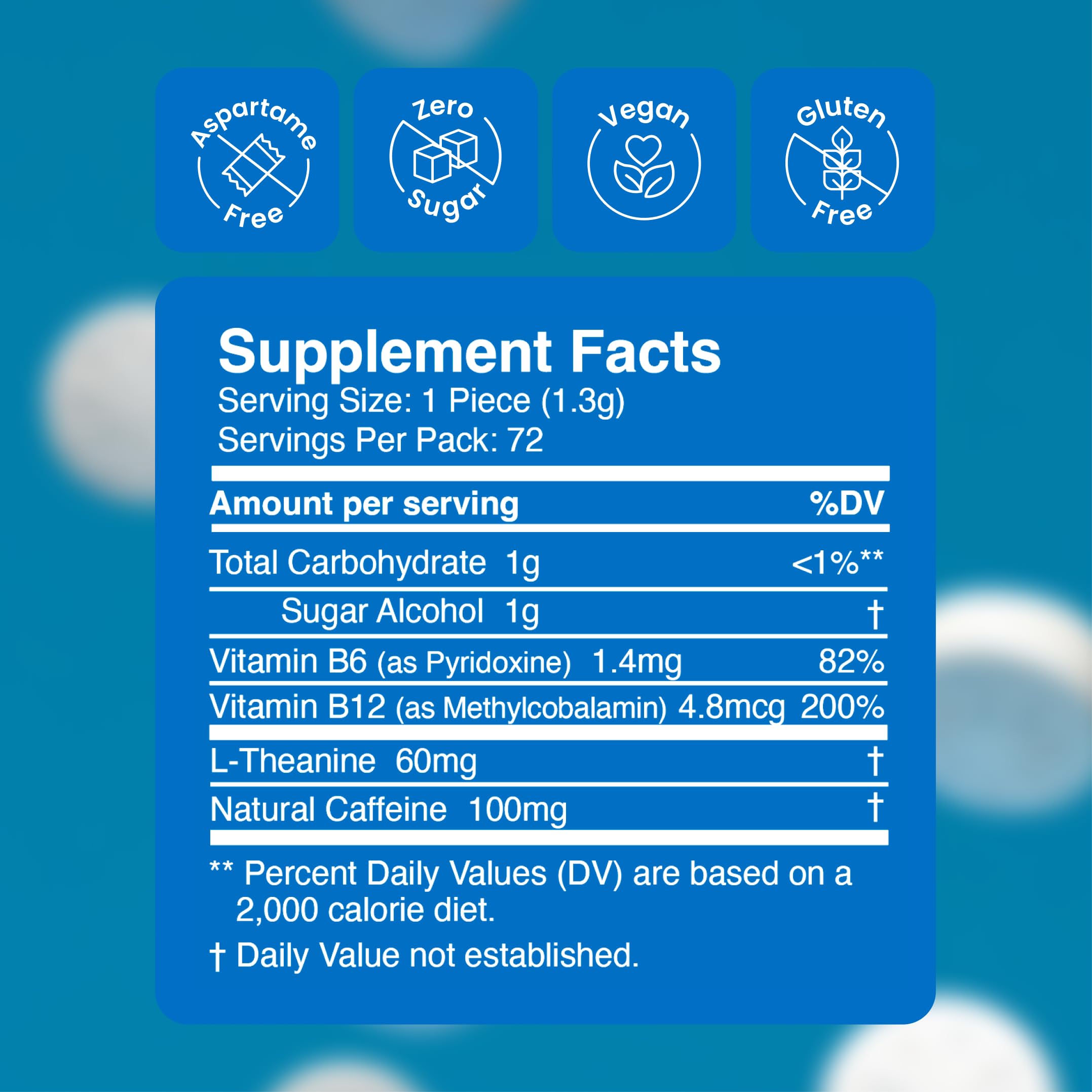 Foil-pack image showcasing sugar-free mint and clean, steady energy