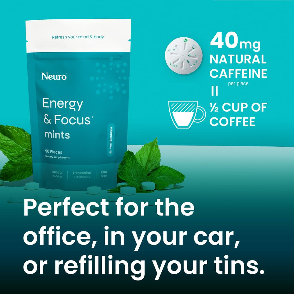Handheld Neuro Mints pack on desk signals easy breaks.