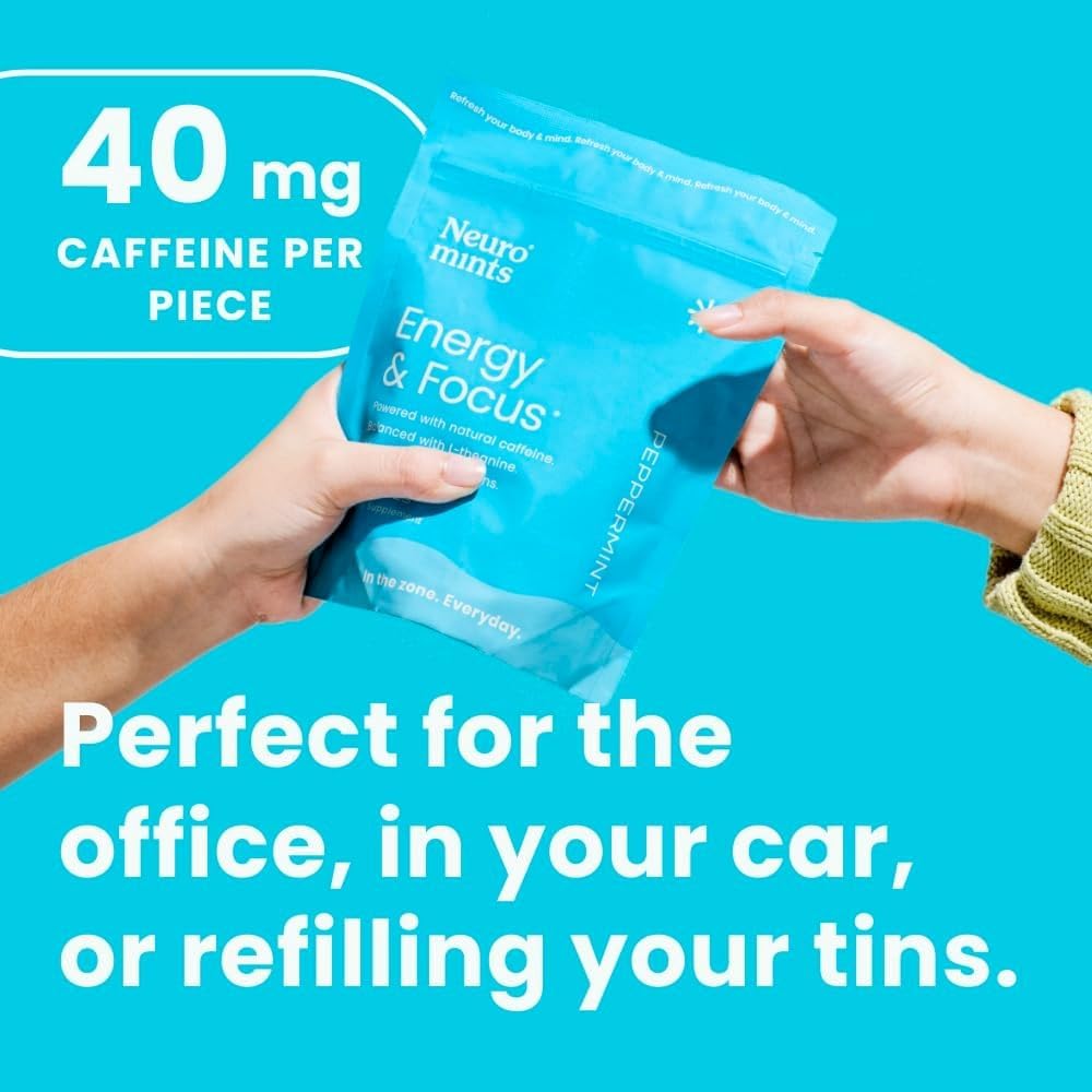 Neuro Energy & Focus Mints pack open showing 90 mints for daily focus.