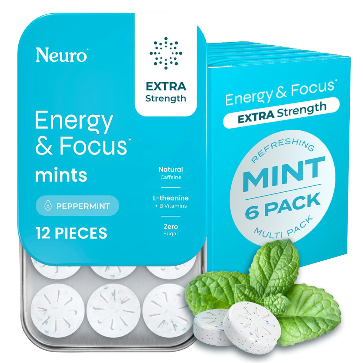 Neuro Energy & Focus Mints packshot peppermint for portable energy during study