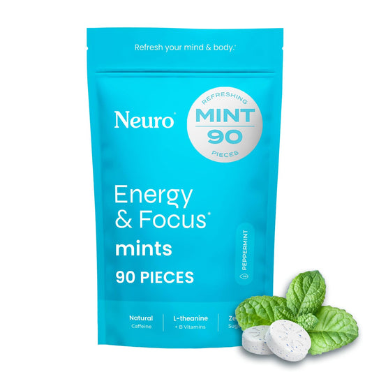 Neuro Energy & Focus Mints pep peppermint tin front; quick mental lift and clean energy.