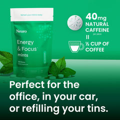 Neuro Energy Focus Mints tin back reveals ingredient details for clean cognitive support.