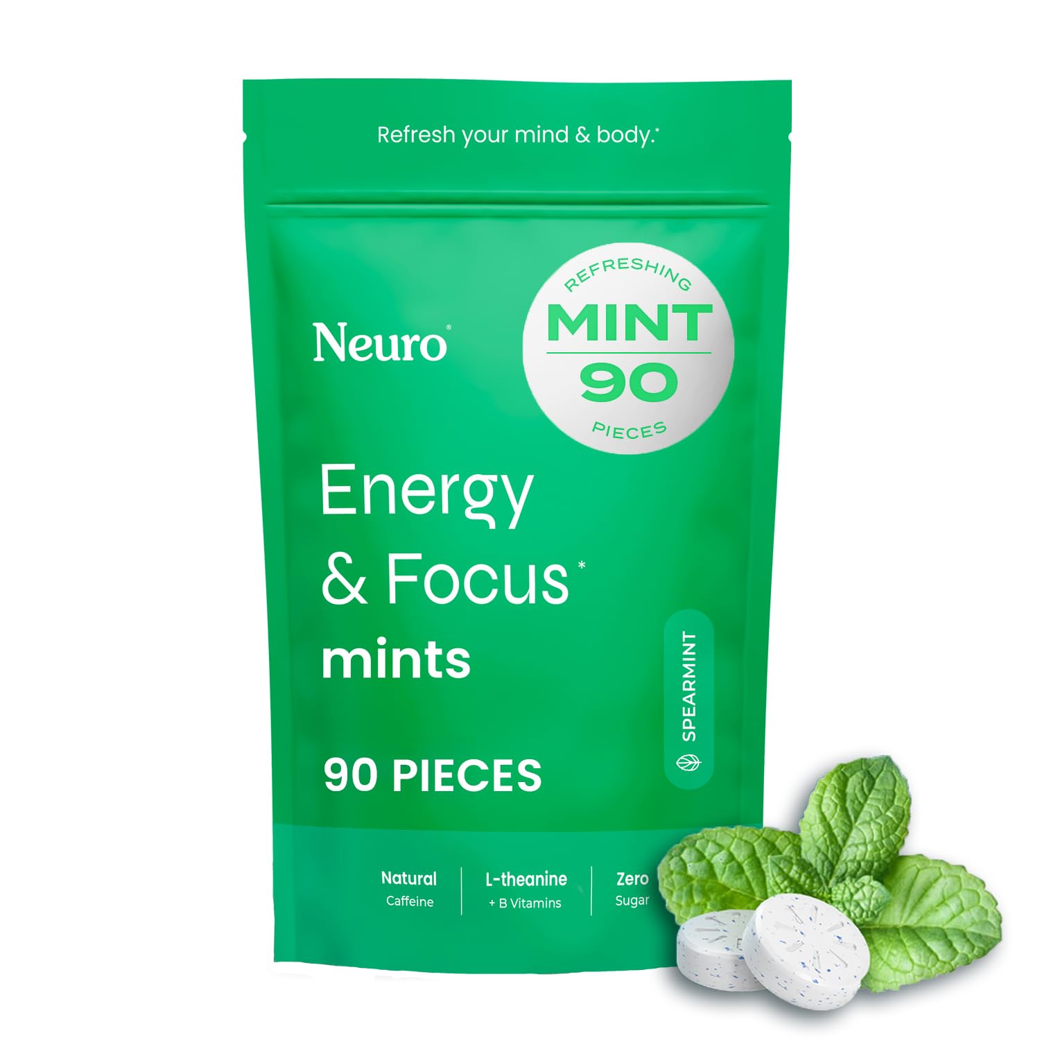 Neuro Energy Focus Mints tin front showcases packaging for quick, sugar-free energy.