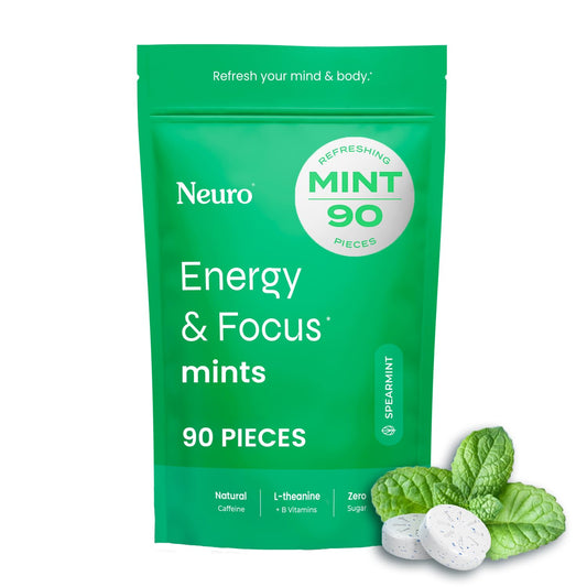 Neuro Energy Focus Mints tin front showcases packaging for quick, sugar-free energy.