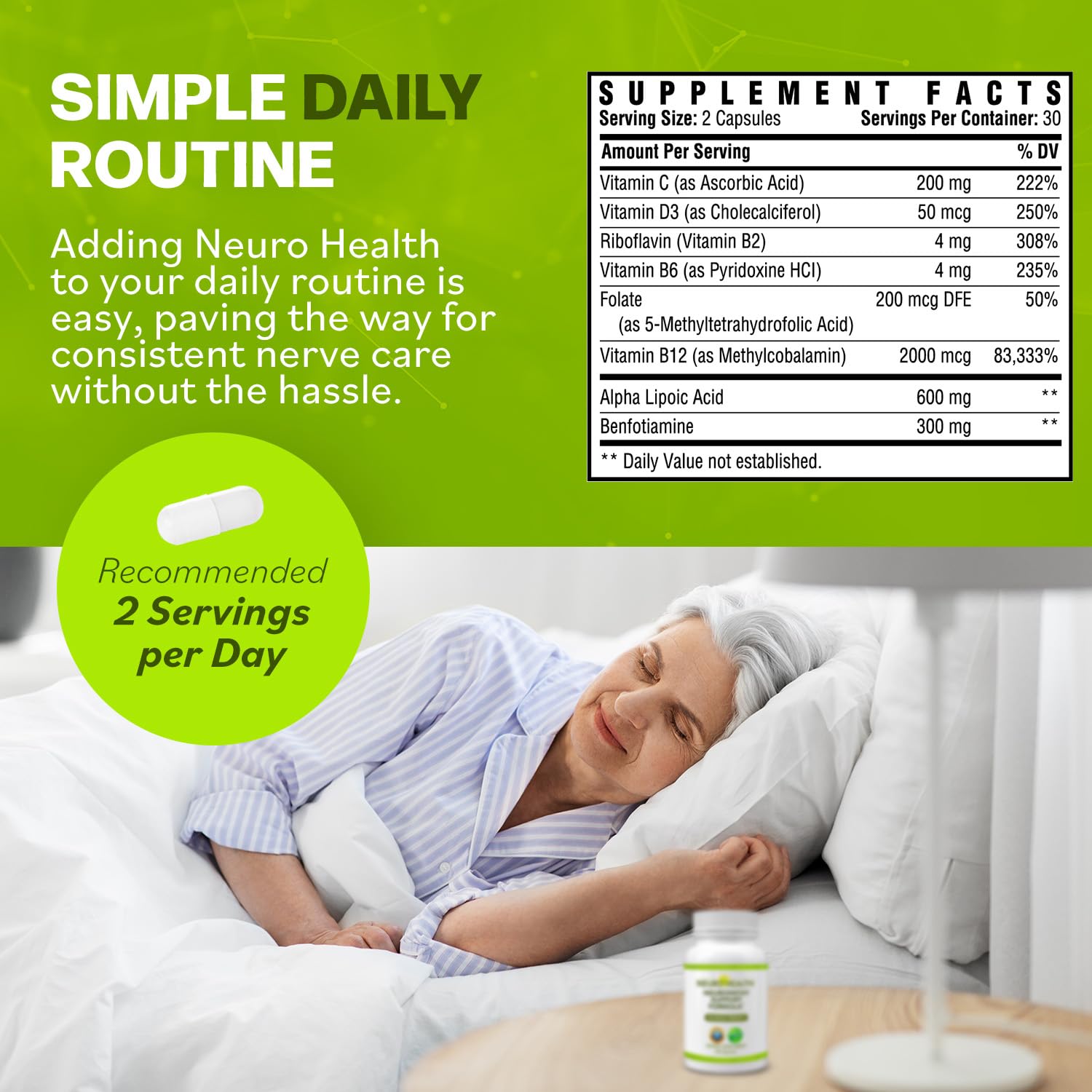 Neuro Health bottle with ingredients list emphasizing quality and care.