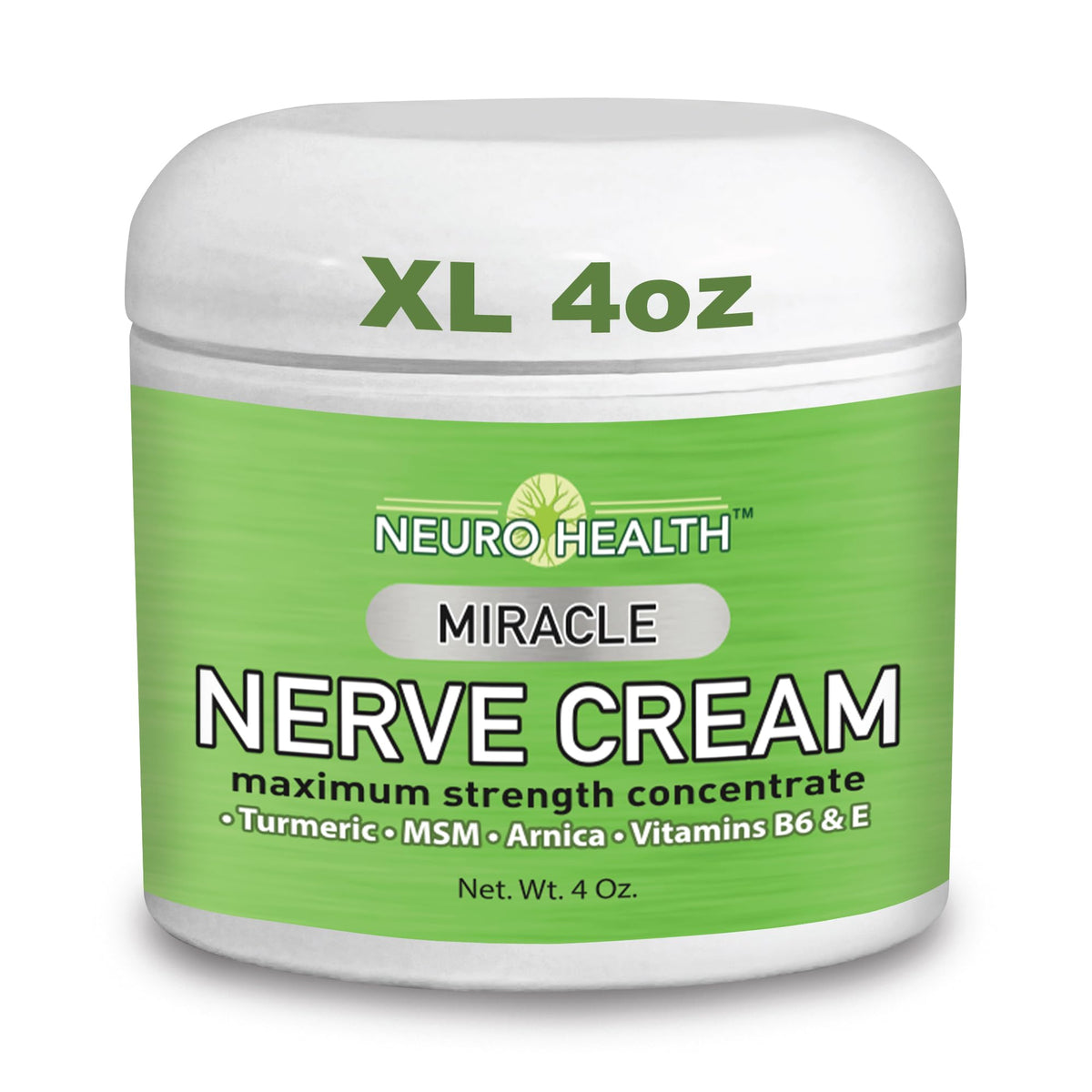 Neuro Health Miracle Nerve Cream jar label highlights turmeric and arnica for soothing neuropathy discomfort.