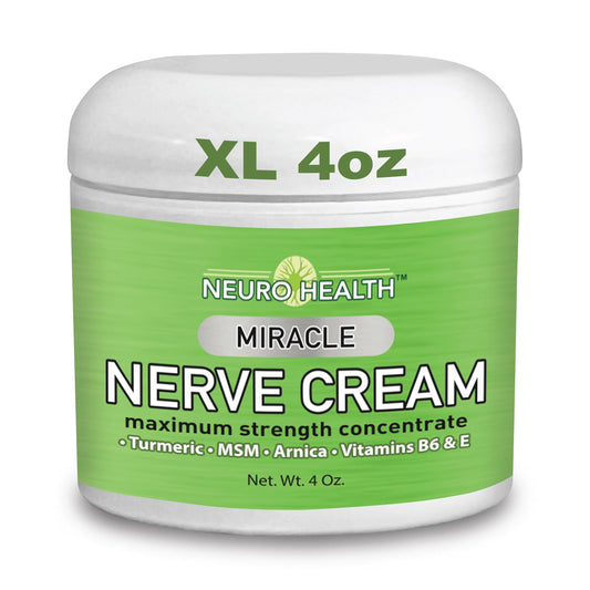 Neuro Health Miracle Nerve Cream jar label highlights turmeric and arnica for soothing neuropathy discomfort.