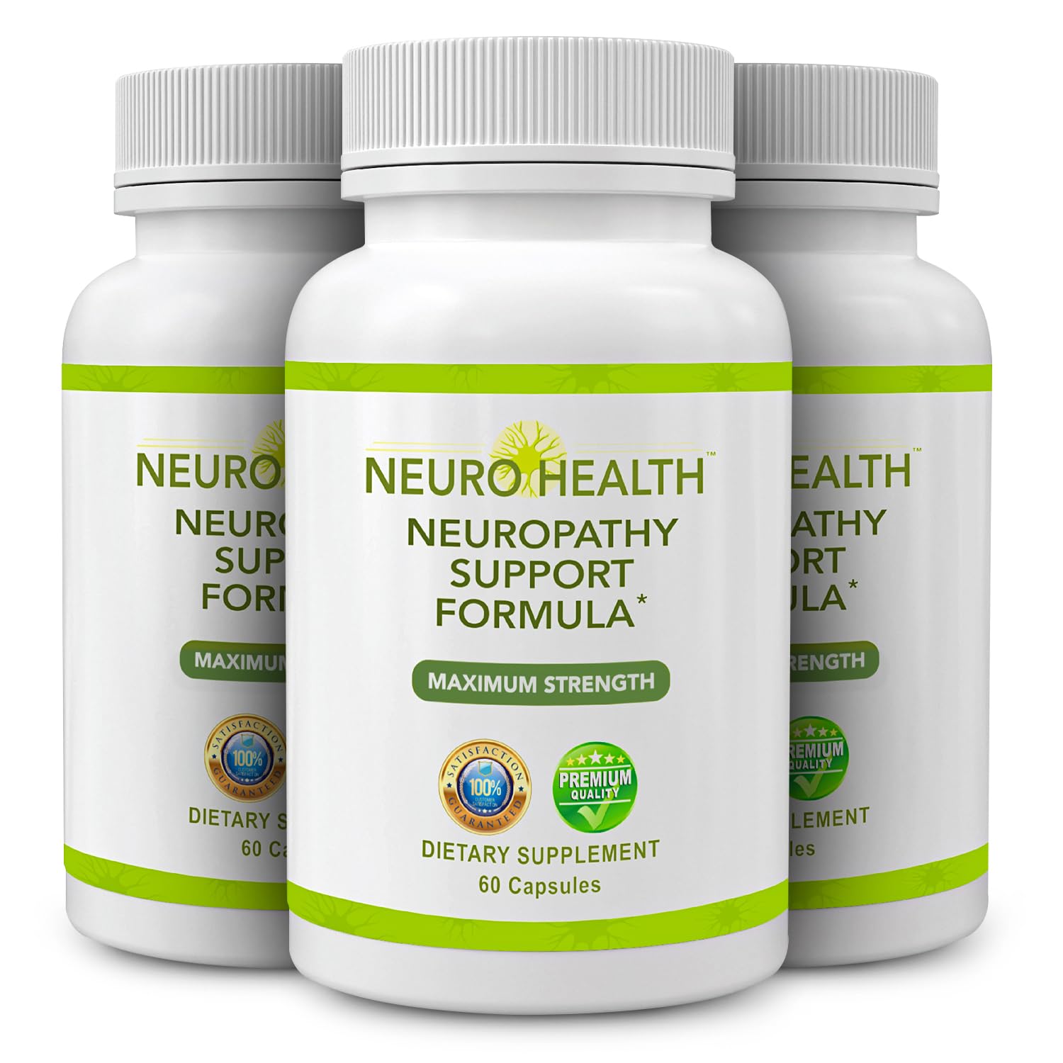Neuro Health nerve support bottle closeup showing fast-absorbing formula for daily nerve comfort.