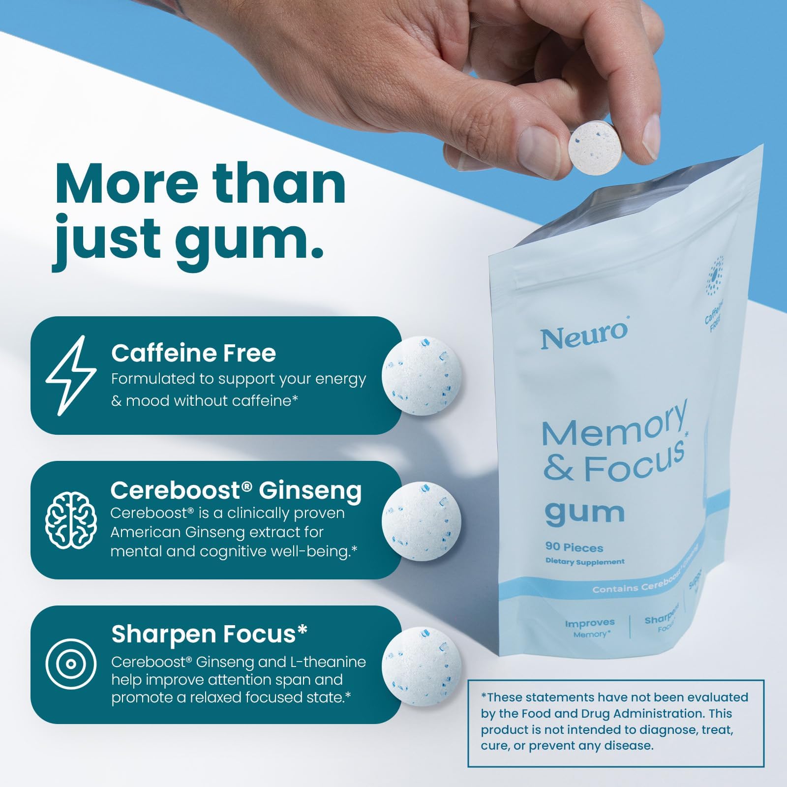 Neuro Memory & Focus Gum bottle label closeup, Cereboost ginseng and L-theanine highlighted.