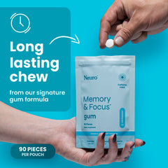 Neuro Memory & Focus Gum ingredients Cereboost ginseng visible on packaging for natural support.