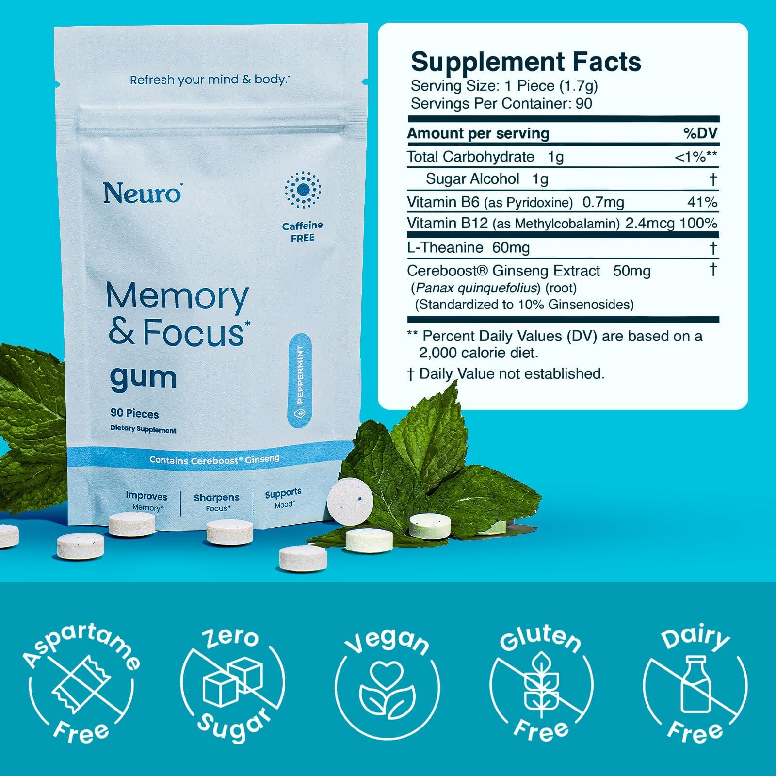 Neuro Memory & Focus Gum piece out of pack, sugar-free option for on-the-go focus.