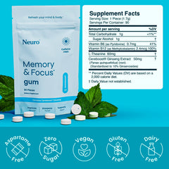 Neuro Memory & Focus Gum piece out of pack, sugar-free option for on-the-go focus.