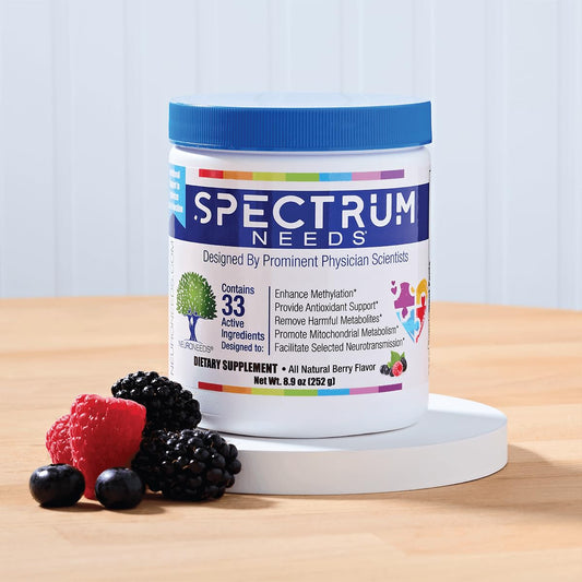 SpectrumNeeds berry flavor packaging close-up highlights tasty nutrition.