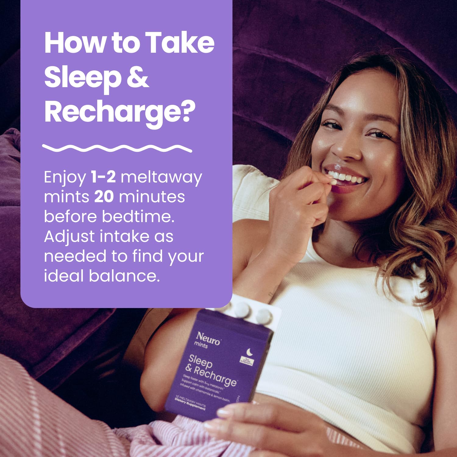 Close-up of 5 mg melatonin label on Neuro Sleep meltaway mint
