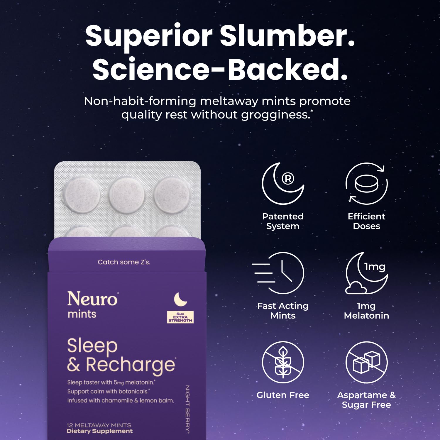 Close-up of dissolving mint reveals fast-acting relief before bed.