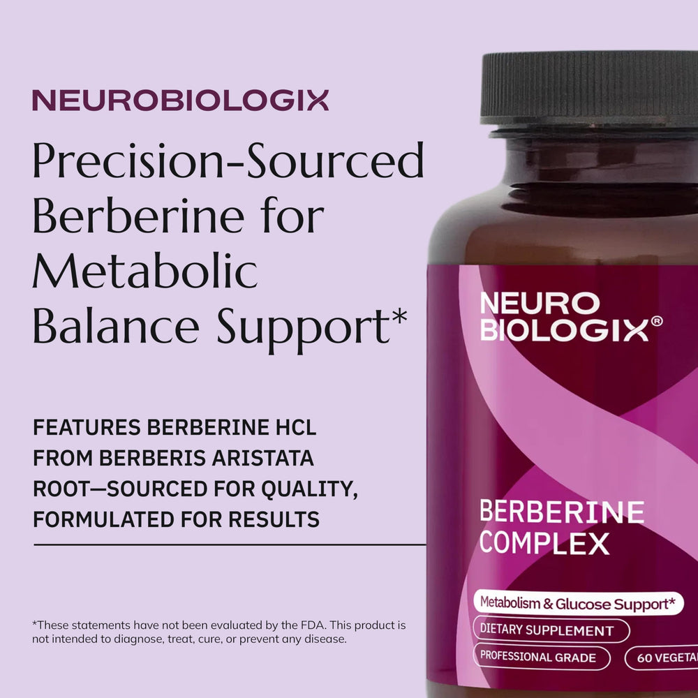 Glass of water beside Neurobiologix Berberine Complex capsules for routine intake
