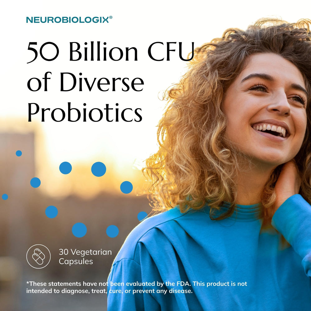 Neurobiologix Biotic Supreme bottle close-up highlighting capsules for shelf-stable digestive support.