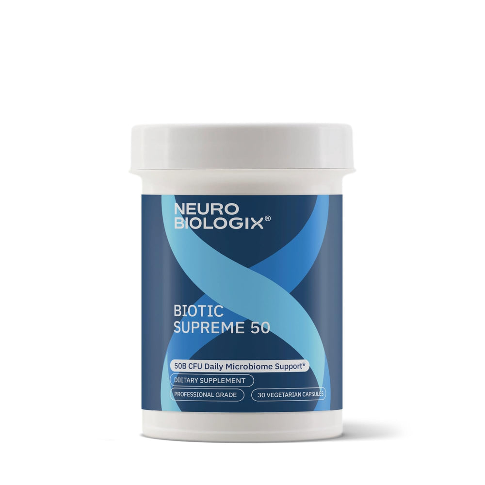 Neurobiologix Biotic Supreme 50B CFU capsules bottle front for daily gut support.