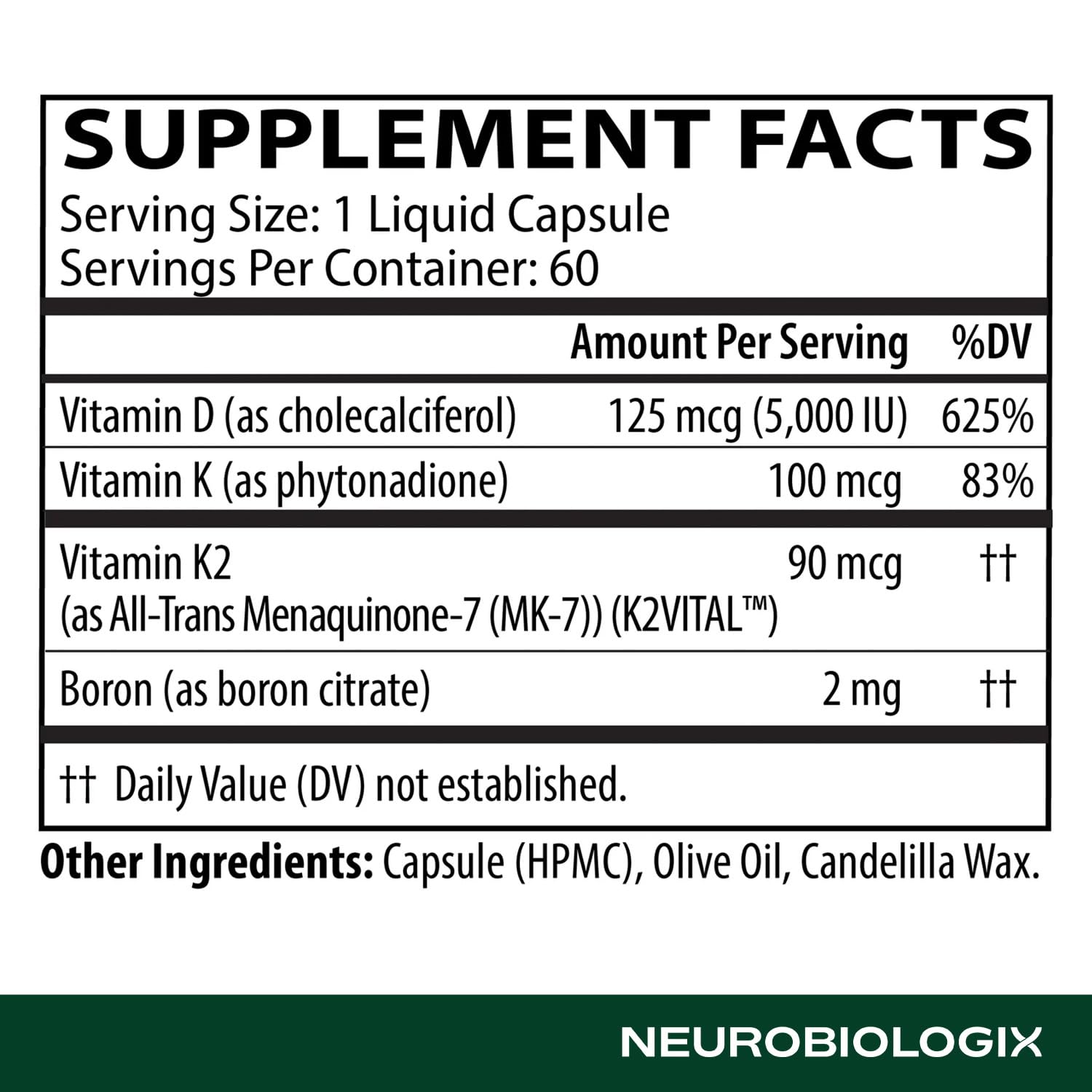 Neurobiologix D3 5000 K1/K2 capsules showing olive oil coating
