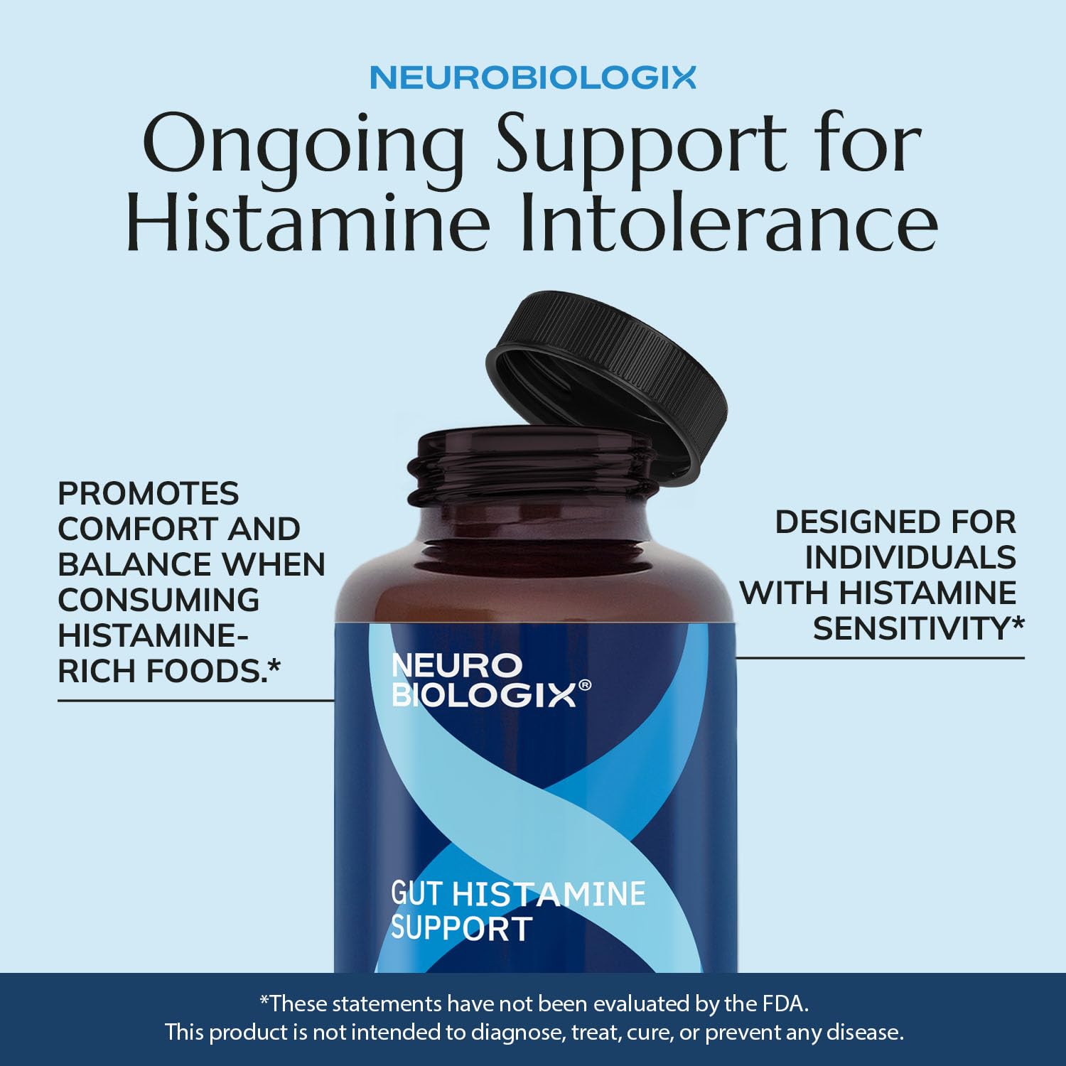 Neurobiologix Gut Histamine Support bottle and capsule close-up suggests everyday digestive balance.