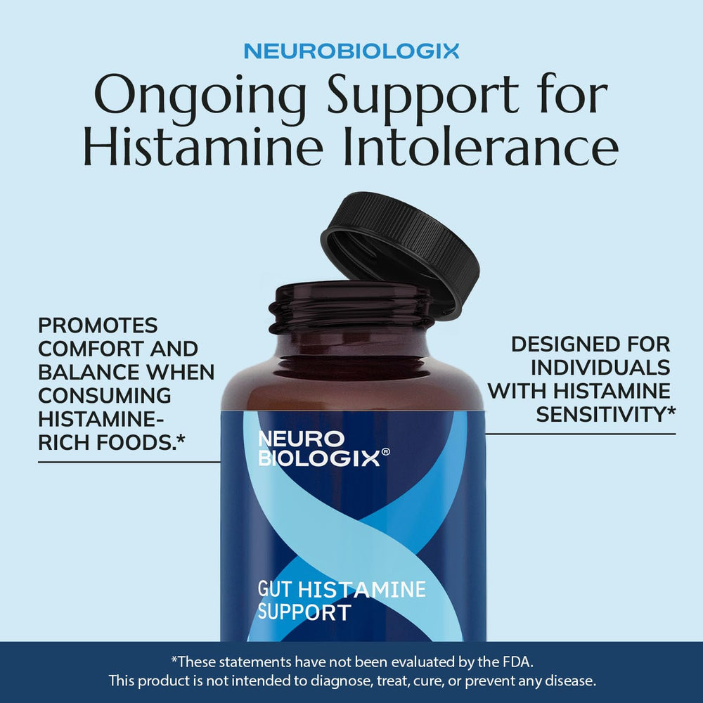 Neurobiologix Gut Histamine Support bottle and capsule close-up suggests everyday digestive balance.