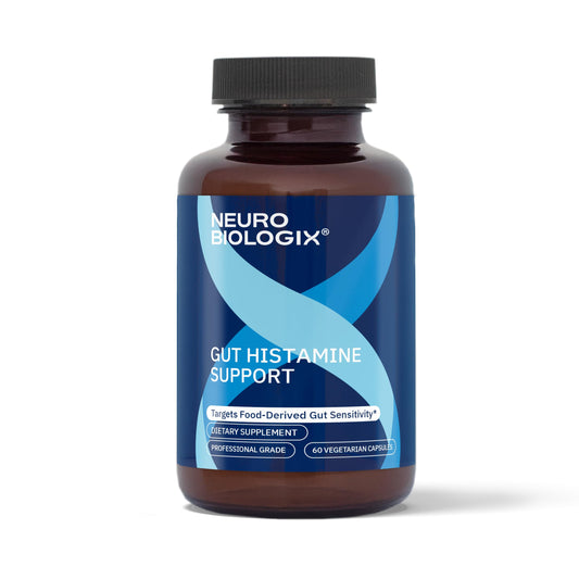 Neurobiologix Gut Histamine Support bottle highlights a clean label for digestive comfort.