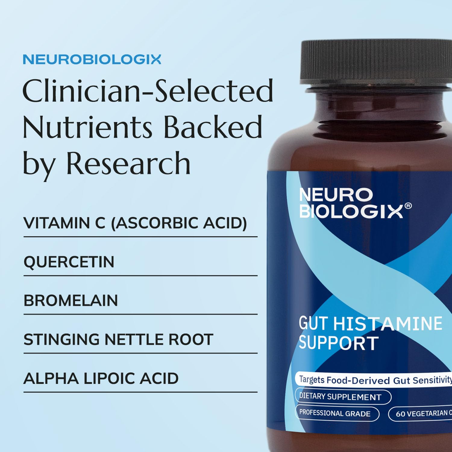 Neurobiologix Gut Histamine Support packaging showcases clean, professional-grade formulation.