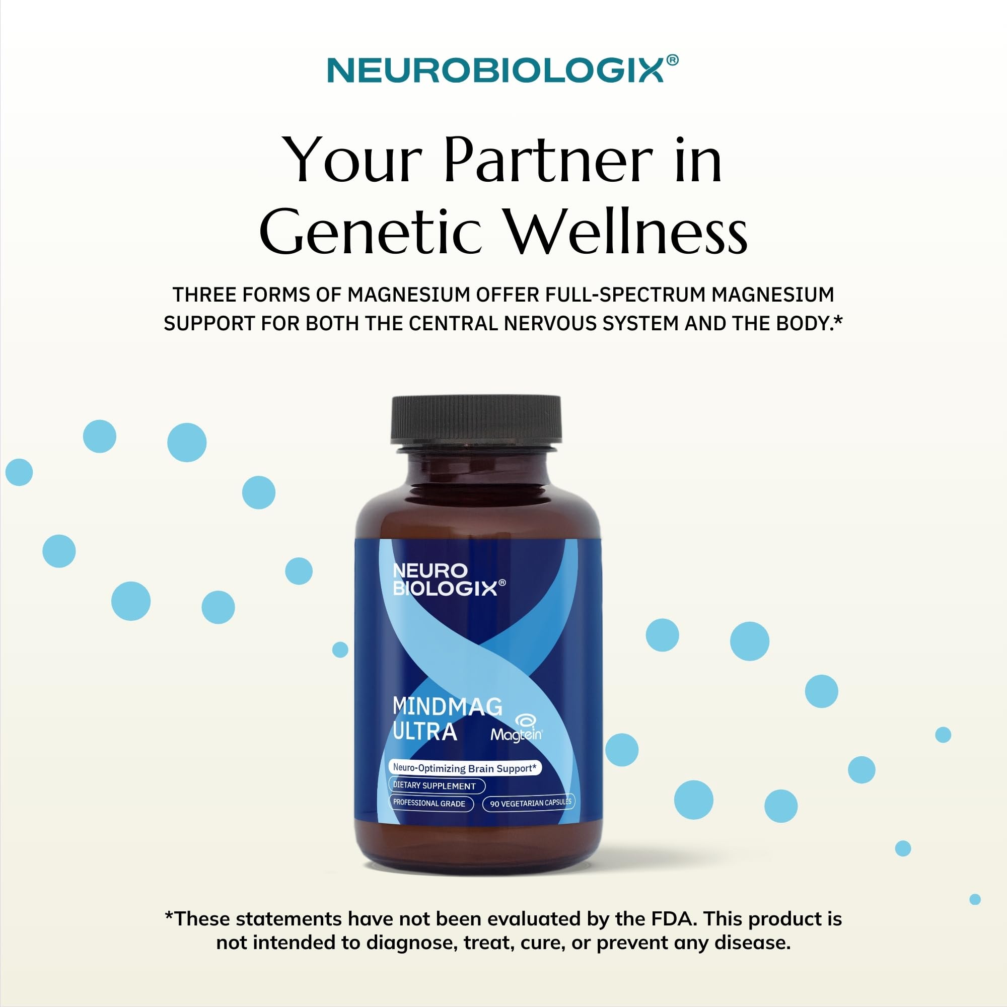 Neurobiologix MindMag Ultra dosage scene showing 2–4 capsules per day.