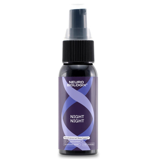 Neurobiologix Night Night spray bottle closeup emphasizes convenient nightly use.