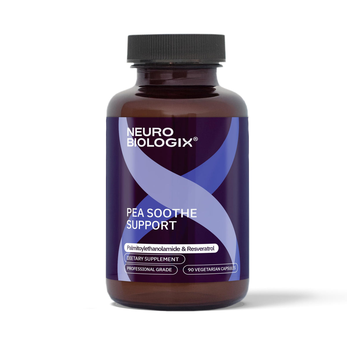 Neurobiologix Pea Soothe bottle displays gluten-free, vegan capsules for daily comfort.
