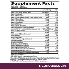 Neurobiologix Prenatal Evolved dosage card beside capsules for easy planning.