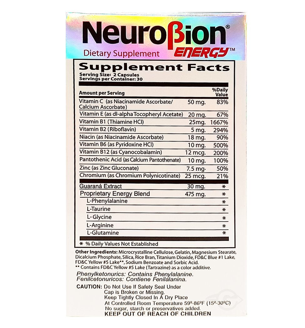 Neurobion Energy Amino Acids bottle label visible with product details.
