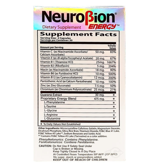 Neurobion Energy Amino Acids bottle label visible with product details.
