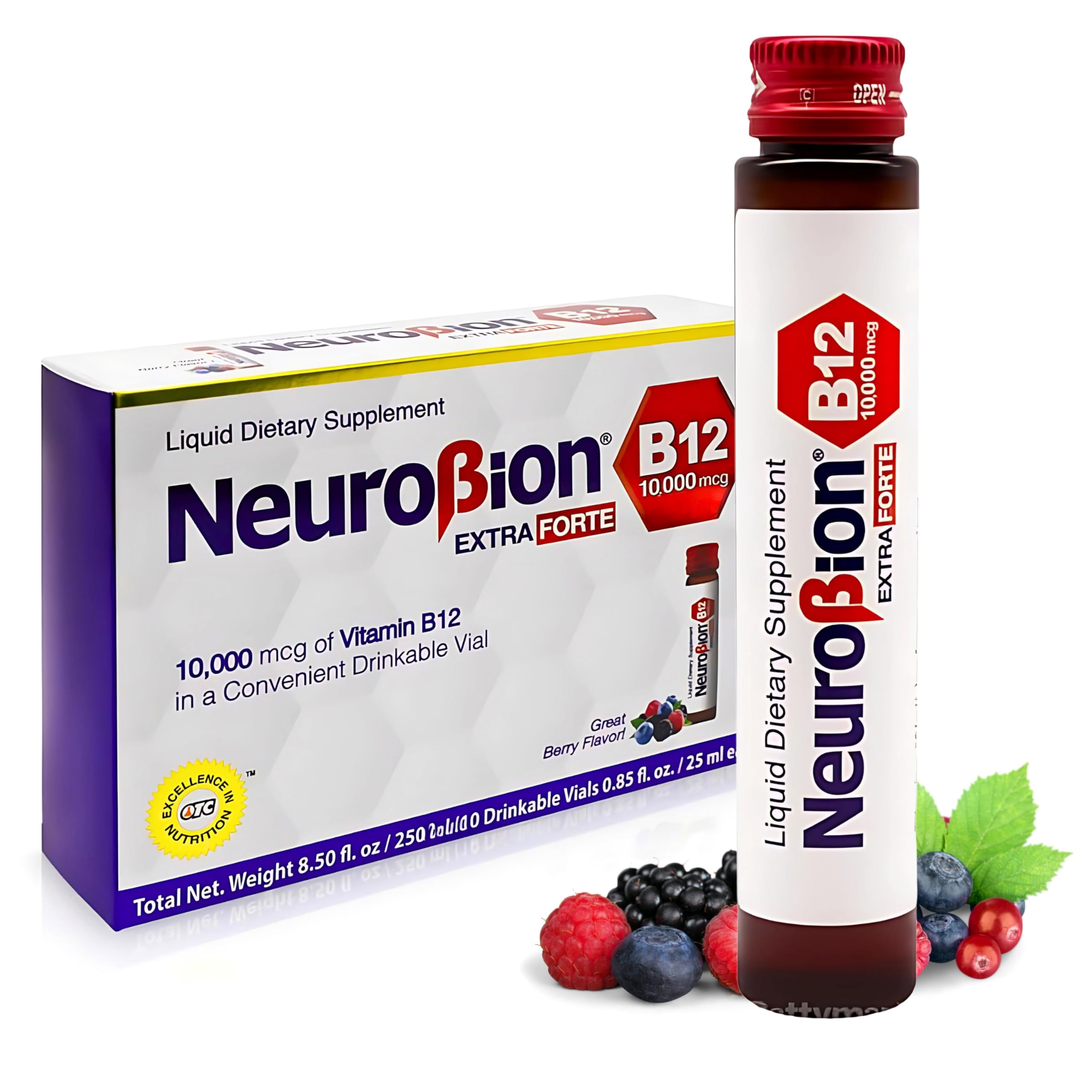Neurobion Extra Forte B12 vial showing 10,000 mcg for natural energy support.