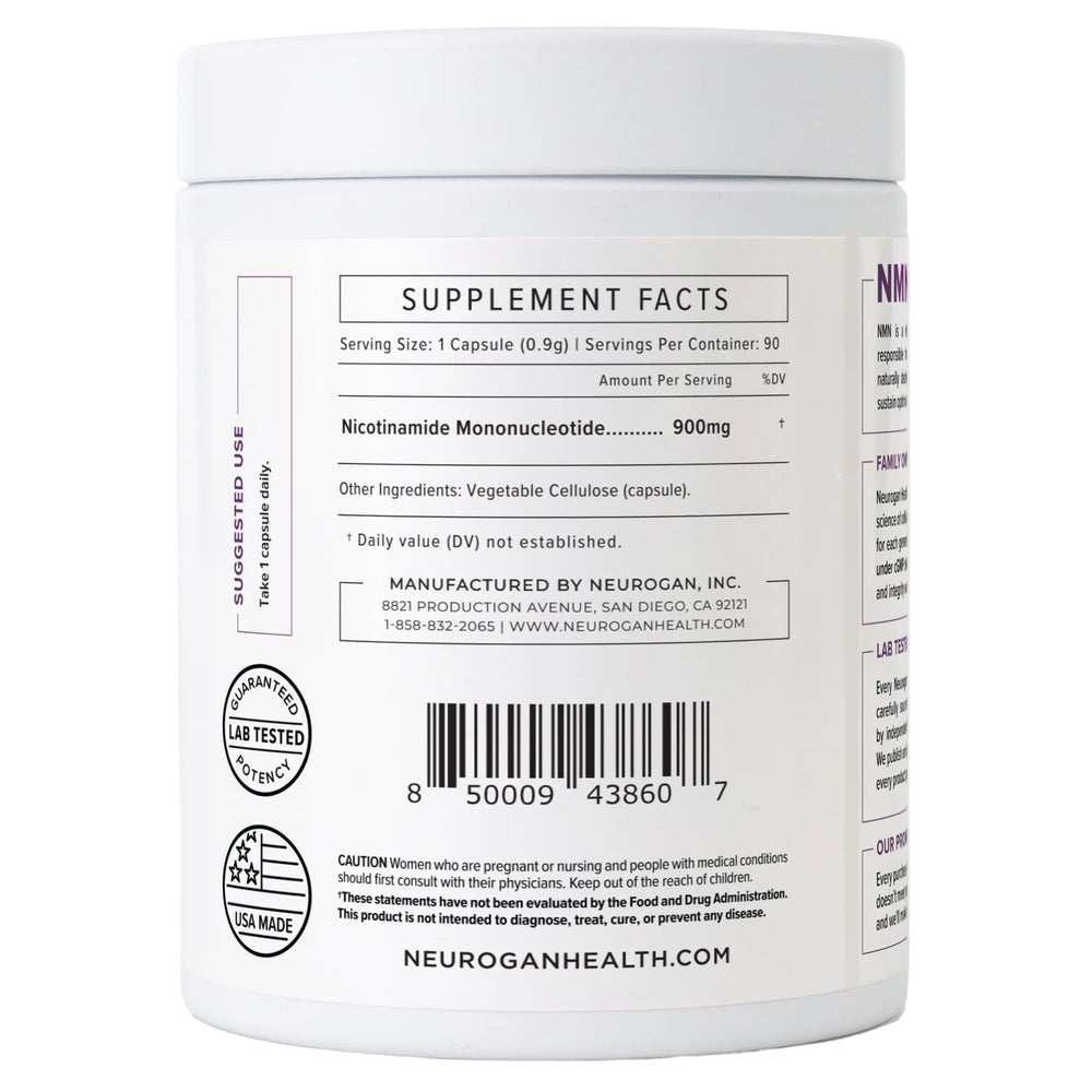 Neurogan Beta NMN packaging closeup reflects a clean, filler-free formulation.
