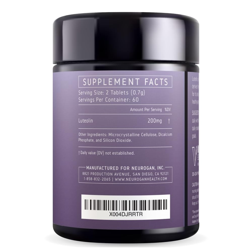Neurogan Luteolin tablets bottle back label with dosage and ingredients.