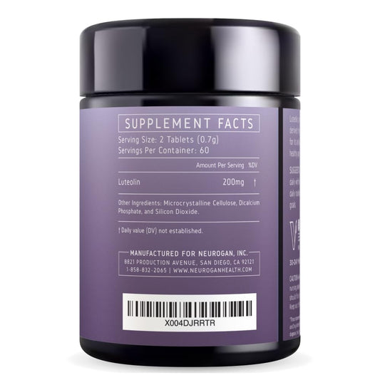 Neurogan Luteolin tablets bottle back label with dosage and ingredients.