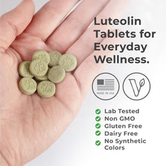 Neurogan Luteolin tablets label detail highlights ingredients and vegan formula.