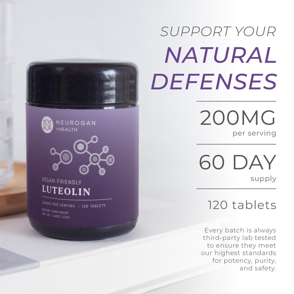 Neurogan Luteolin tablets closeup showing tablets and plant-based formula.
