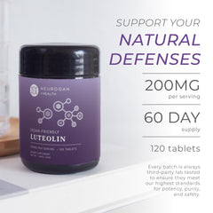 Neurogan Luteolin tablets closeup showing tablets and plant-based formula.
