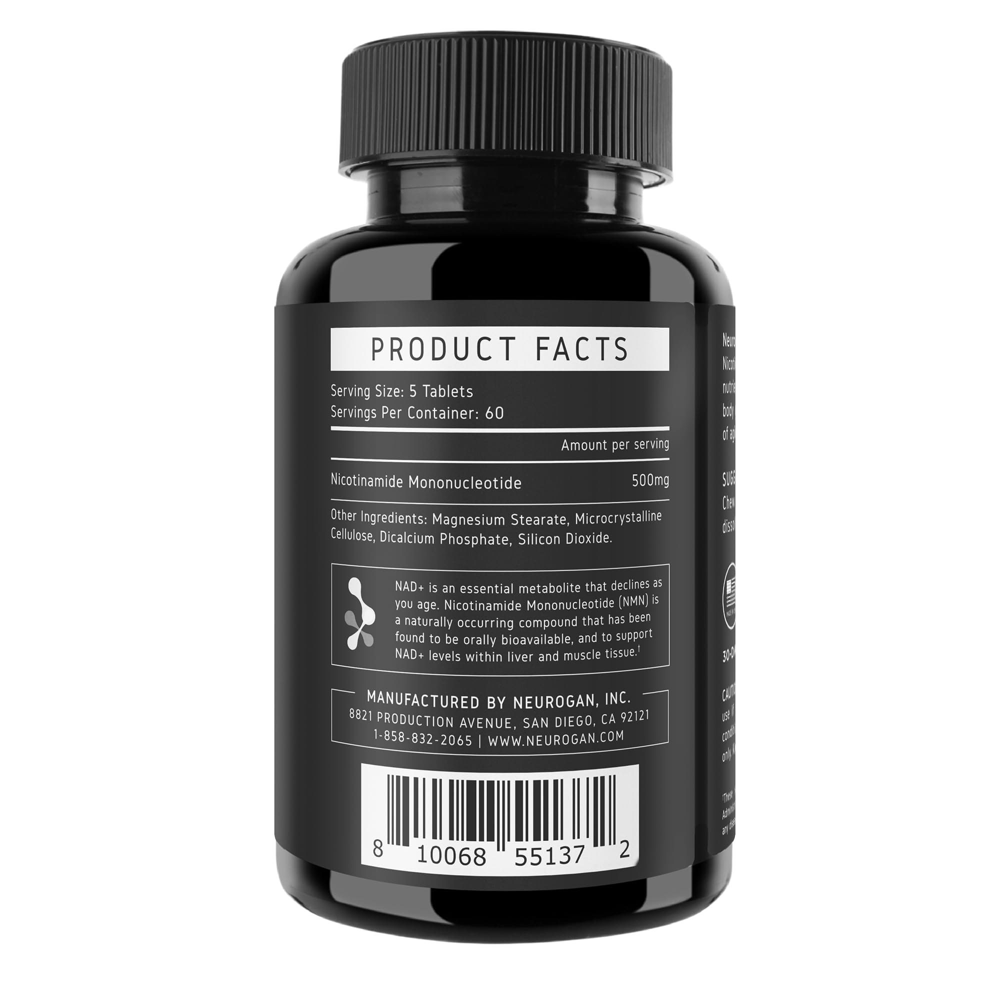 Neurogan NMN bottle close-up showing capsule texture for focus.