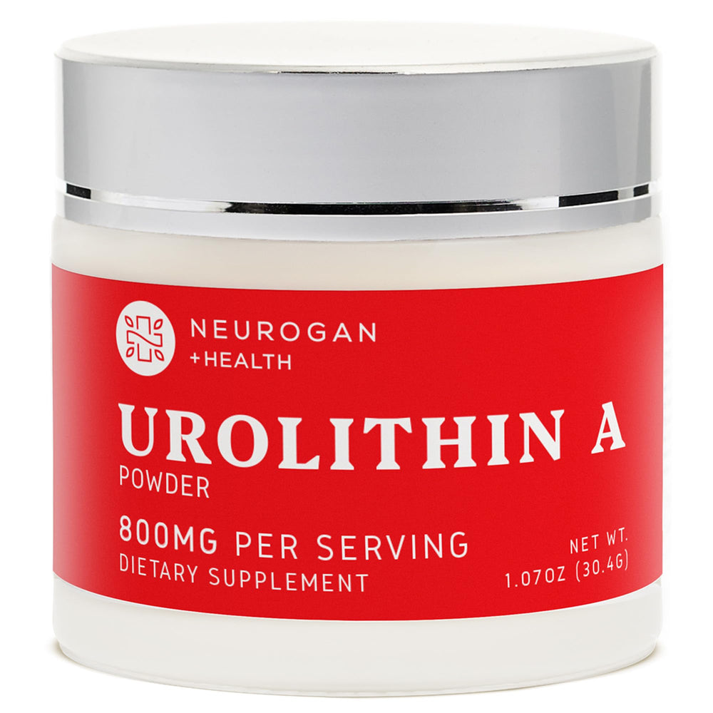 Neurogan Urolithin A powder jar closeup showing clean, plant-based daily wellness focus