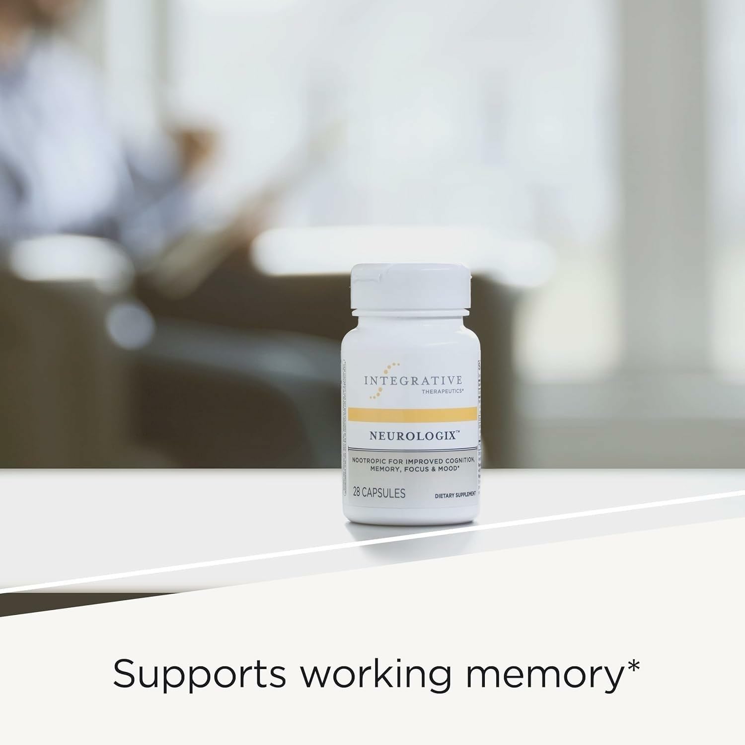 Neurologix bottle with glass evokes a clean, healthy lifestyle.
