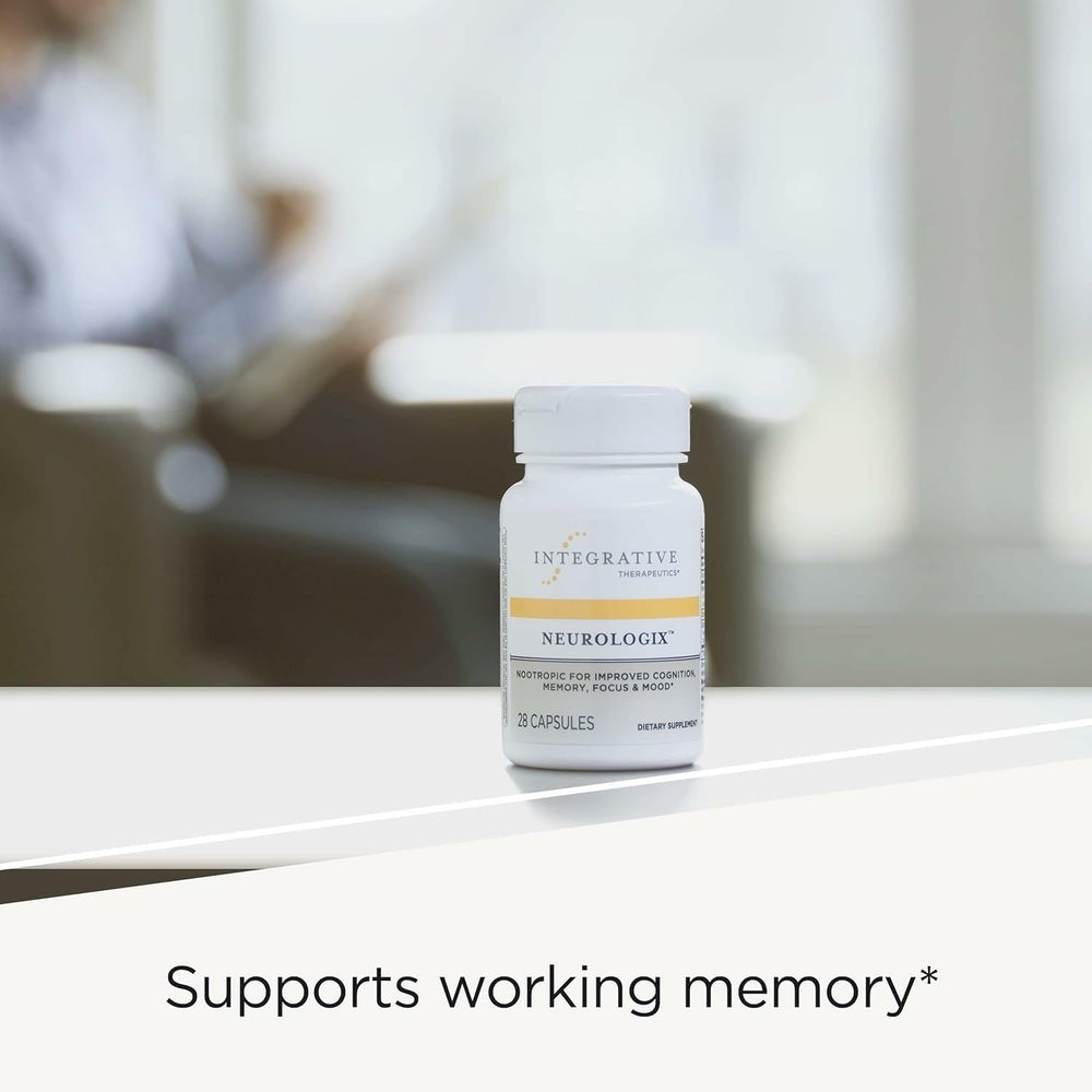 Neurologix bottle with glass evokes a clean, healthy lifestyle.