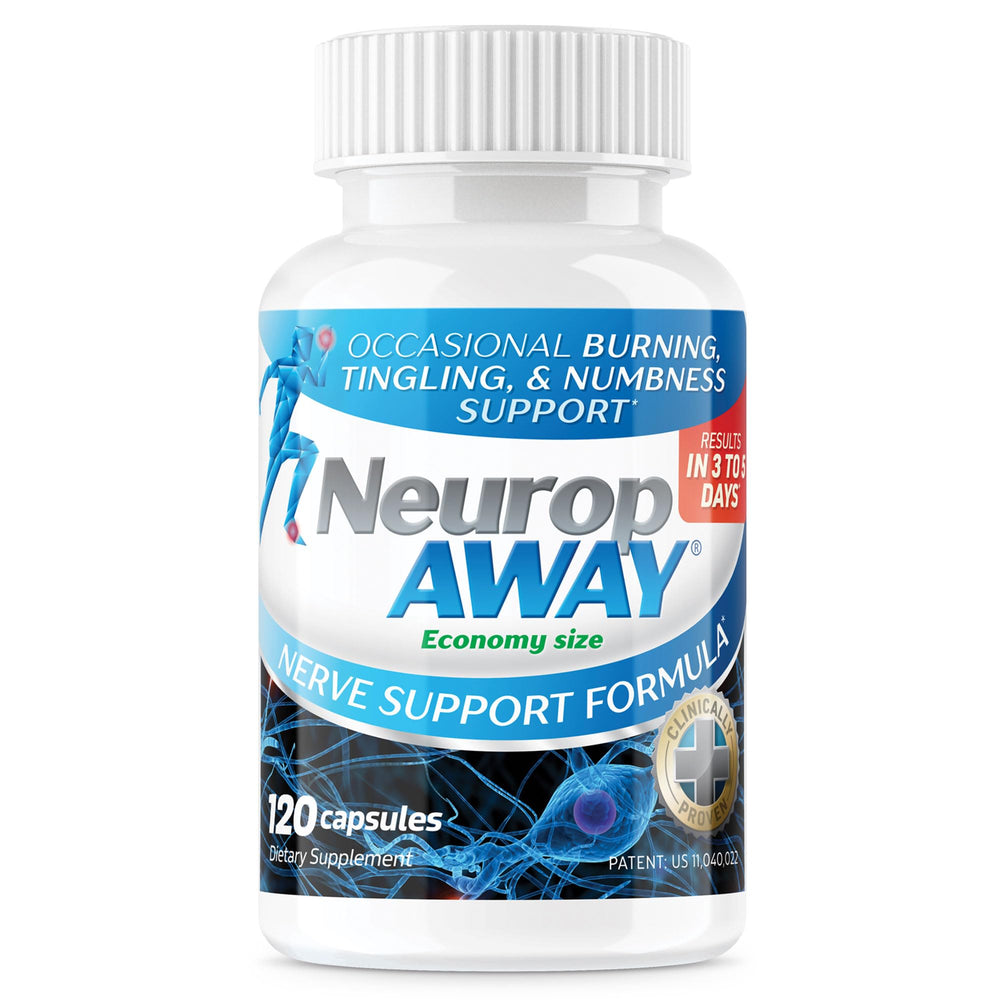 NeuropAWAY bottle front displaying nerve support formula for daily comfort potential.