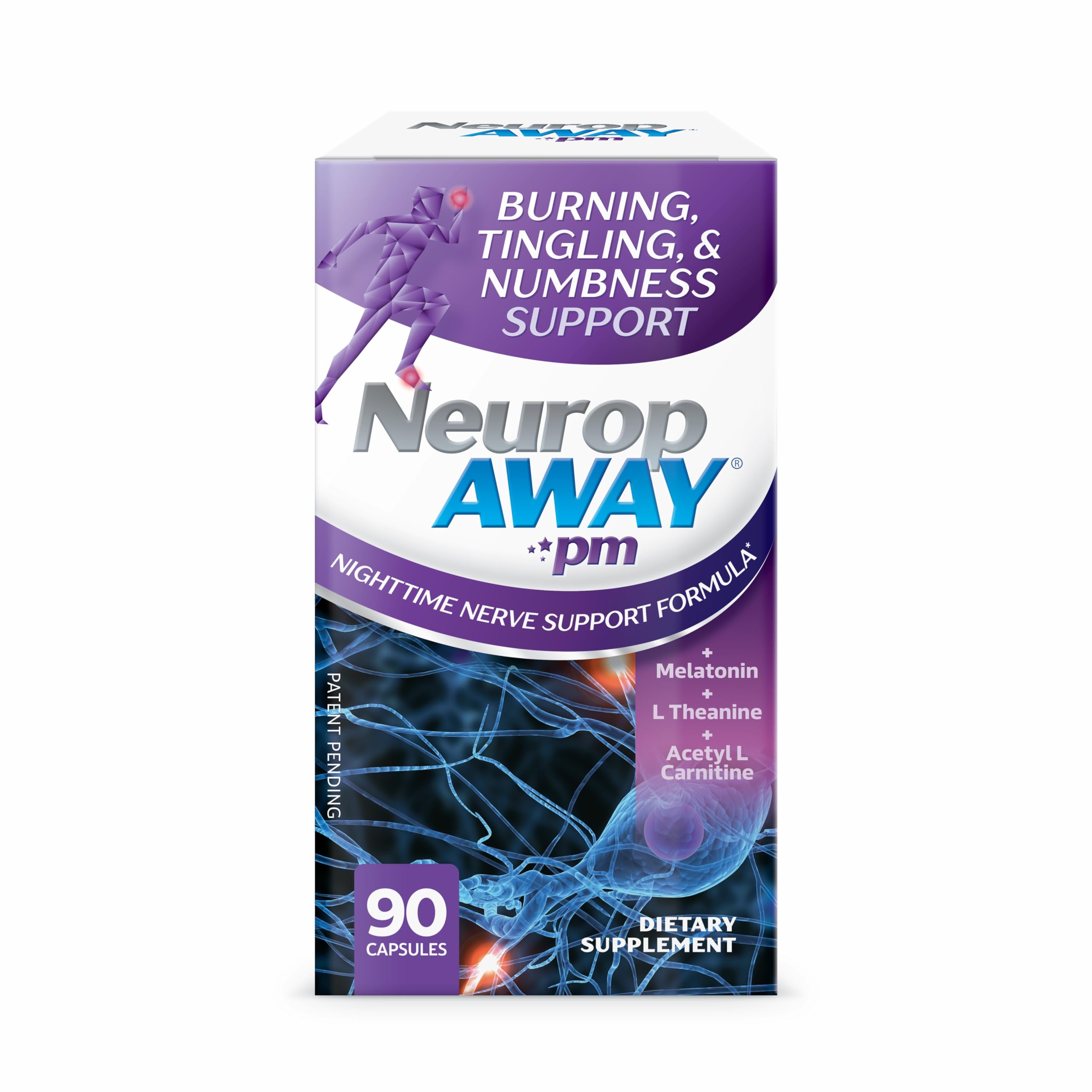 NeuropAWAY bottle on nightstand with a glass of water for easy dosing.